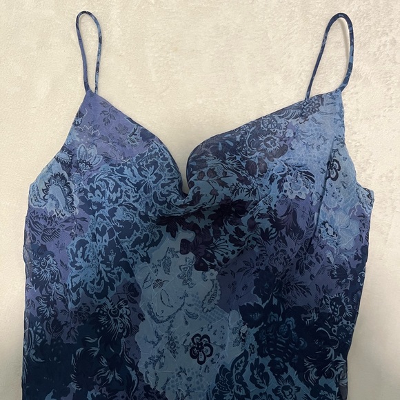 Vintage Midi Asymmetrical Cowl Neck Dress Size 2 Blue Pattern - Picture 3 of 10